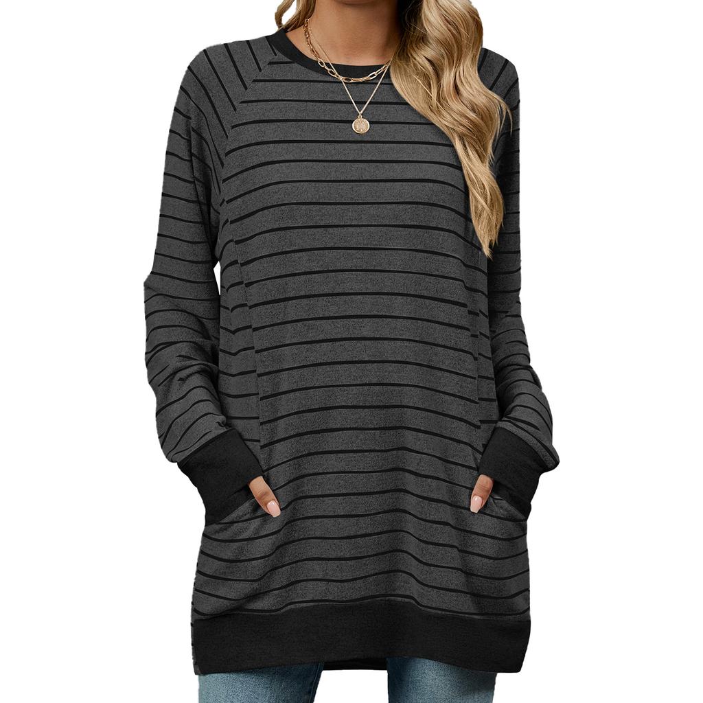 2024 Autumn And Winter New Striped Contrasting Round Neck Long Sleeved Pocket Hoodie T-Shirt For Women
