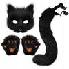Fox Tail Paws Mask Faux Fur Cosplay Set Cat Wolf (Black Mask)