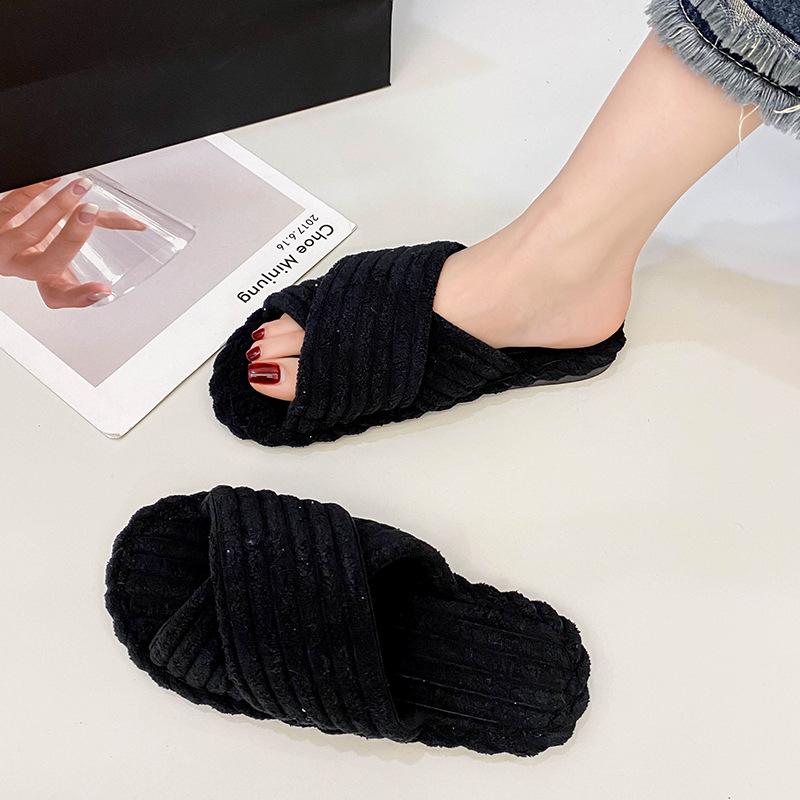 2024 зимние женские повседневные домашние тапочки вельветовые пушистые туфли тапочки с перекрестным дизайном женские мягкие теплые плюшевые тапочки