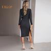 Women Spring Fall Dress Cross V Neck Lace-up Slim Fit Sheath Long Sleeves Knee Length Knitted Slim Fit Elastic Midi Dress Shopping Dating Dress