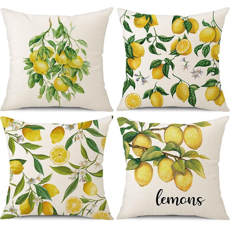 4Pcs Lemon Throw Pillow Covers, Mediterranean Blue , Summer Farmhouse Style Pillowcase For Sofa Couch Living Room Decoration
