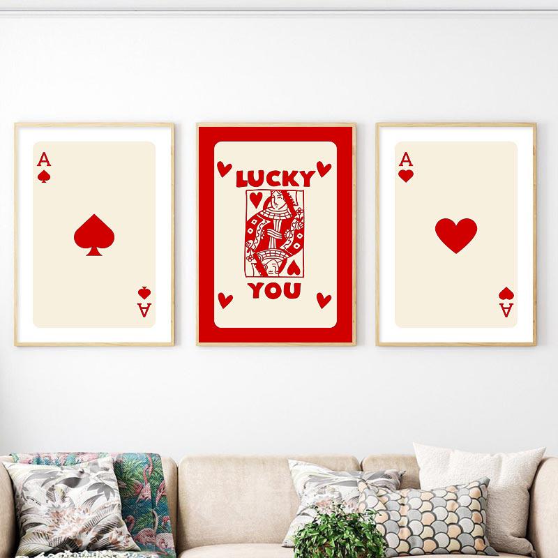 Забавный постер на холсте Lucky You, модный ретро-плакат с изображением карты красного туза, настенное искусство, скандинавская покерная живопись для гостиной, спальни, домашний декор
