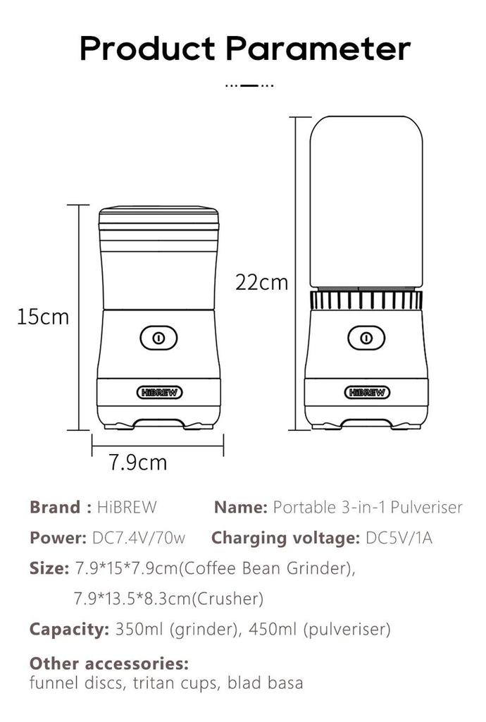 HiBREW G2 3in1 Coffee Grinder, 2000mAh Double Cup, Fruit Mixers Juicers Blender Ice Crusher, for Camping or Journey