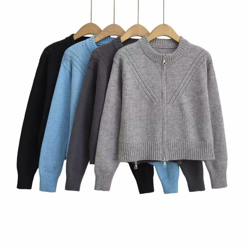 Womens Short Cropped Knit Cardigan With Zipper Round Neck Casual Streetwear Sweater