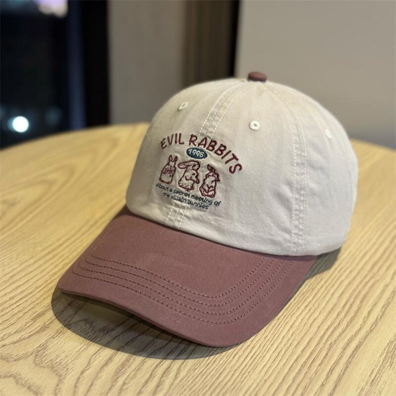 Korean-style cute three-rabbit embroidered soft-top baseball cap for women, spring and autumn, fresh and stylish, color-blocking, fashionable and