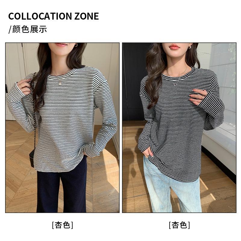 2 Футболка с круглым вырезом и полосатым низом женская осенне-зимняя ленивый ветер свободная и облегающая универсальная рубашка с длинным рукавом топ