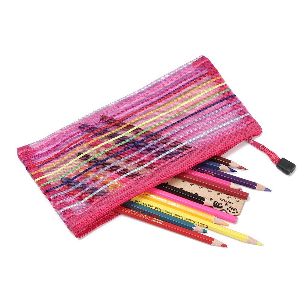 Purse Makeup Stationery Rainbow Color Nylon Grid Cosmetic Storage Mesh Pen Bag Zipper Pencil Case