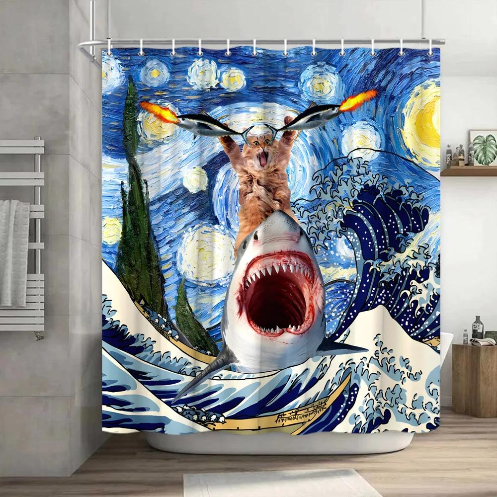 Смешная занавеска для душа Brave Cat Cartoon Душевая занавеска Waves Ocean Decor Ткань Душевая занавеска Set with Hooks Bathroom Decoration
