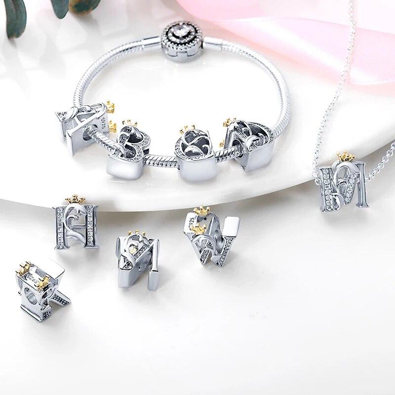 2023 New 925 Sterling Silver Alphabet A -Z 26 Letters Beads Pendant Charms Fitfashion Bracelet Women Diy Jewelry Gifts