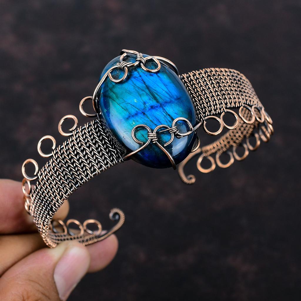 Неоновый браслет из лабрадорита с вспышкой, браслет из медной проволоки, регулируемый браслет-манжета, драгоценный камень, медные украшения, подарок для него, ювелирные изделия ручной работы из проволоки