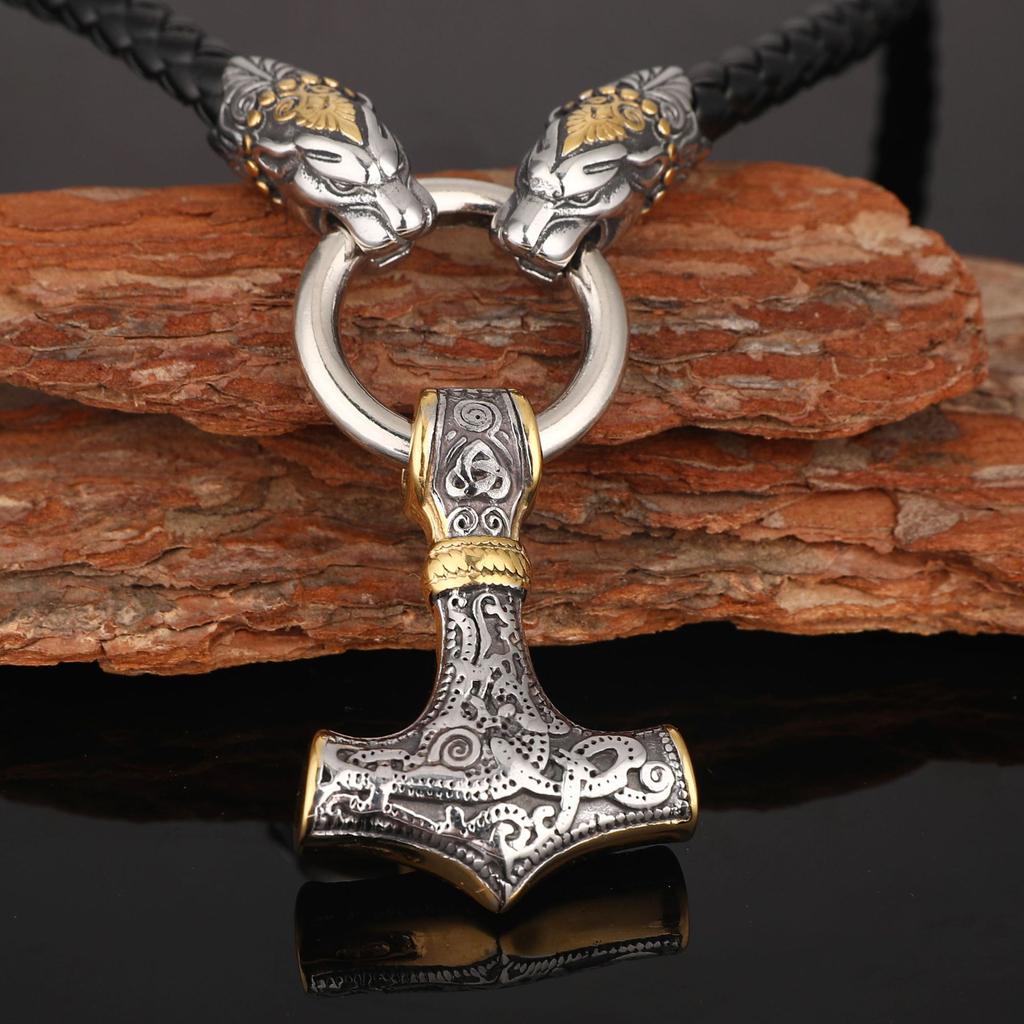 Men 'S Jewelry Room Gold Stainless Steel Leopard Head Viking Thor 'S Hammer Pendant Necklace