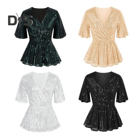 Women Sequin Tops V-Neck Ruffle Sleeves Glitter Blouses Waist Tight Elastic Hem Evening Cocktail Shiny Tops