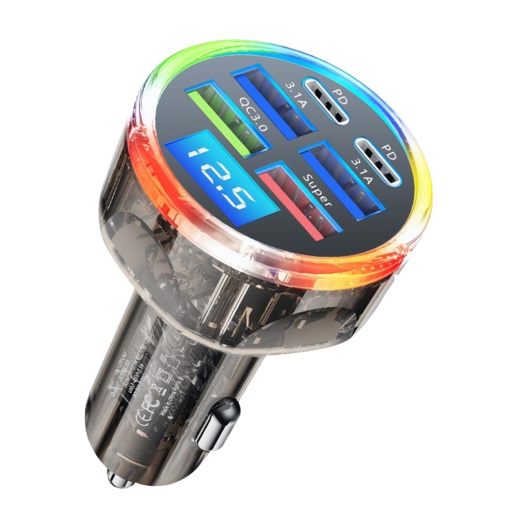 Автомобильное зарядное устройство USB 150 Вт с 5 портами, PD30W Type-C, дисплеем напряжения и многопротокольной быстрой зарядкой для автомобилей 12–32 В