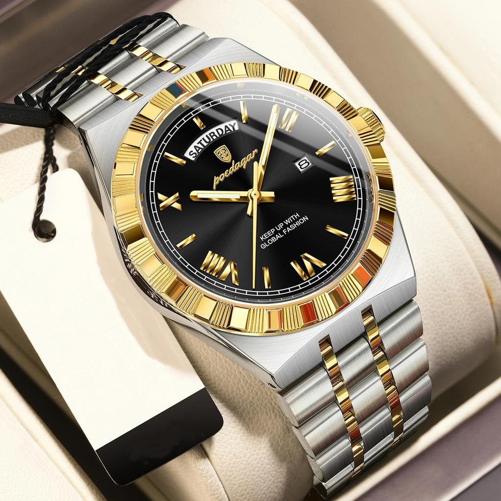POEDAGAR Business Male Watch Luminous Waterproof Stainless Steel Men Wristwatch Week Date Quartz Fashion Men's Watches