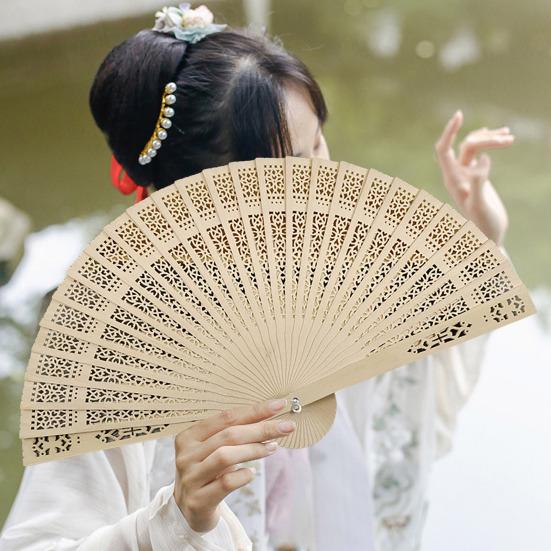 Wooden Folding Fan Chinese Style Hollow Ribs Portable Summer Hand Held Fan Decoration