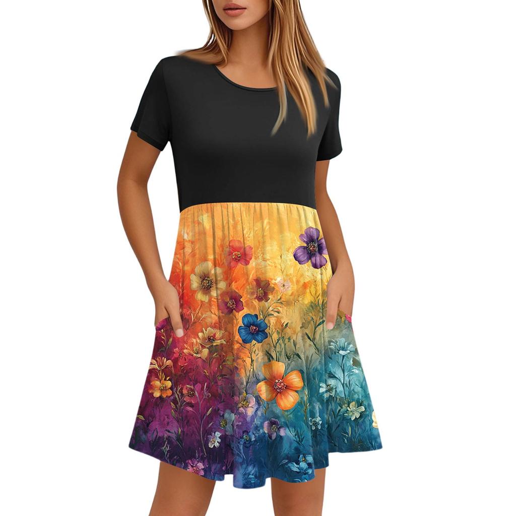 Женские модные повседневные свободные платья с круглым вырезом и коротким рукавом с принтом и карманами