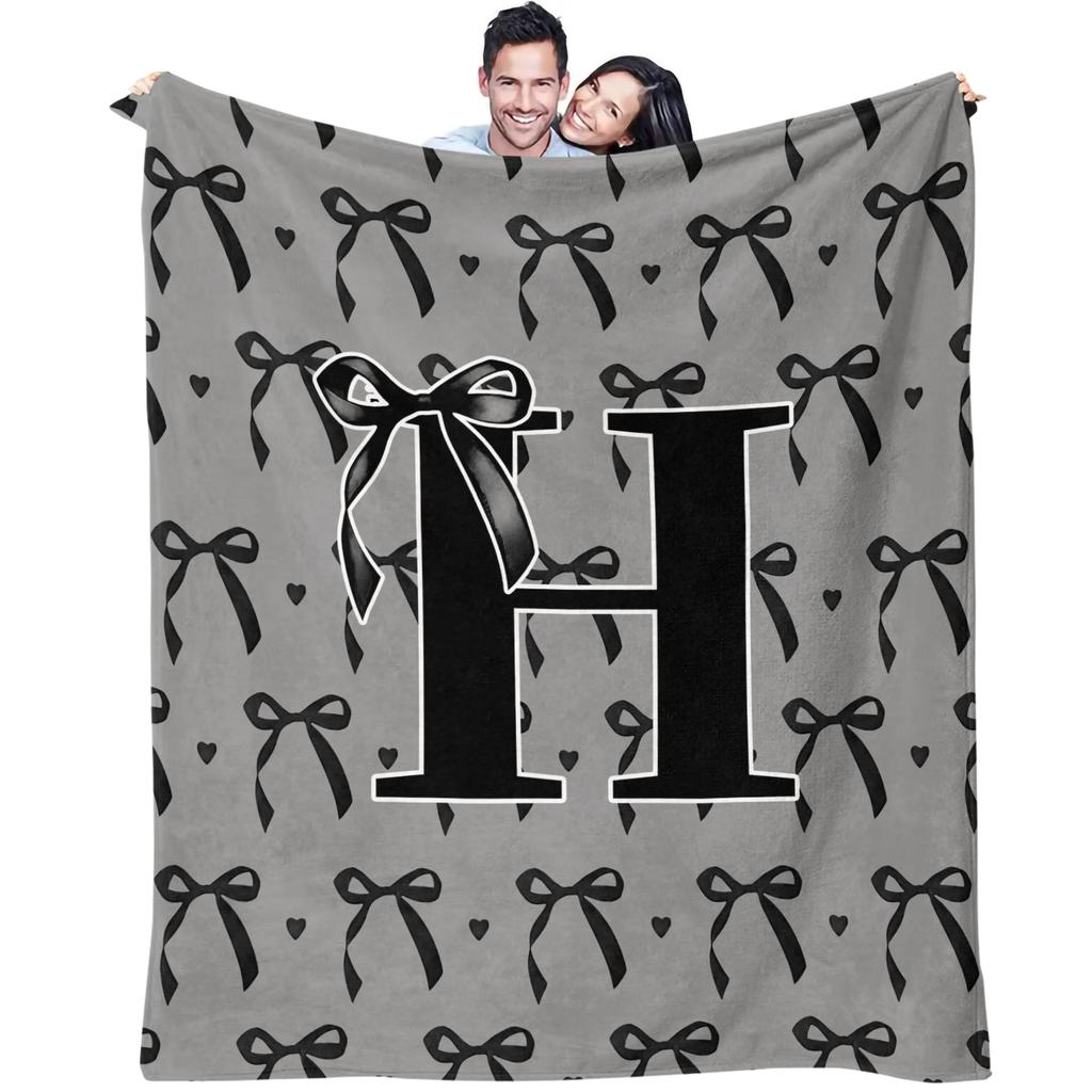Trendy UltraCozy MultiUse Monogram Letter  Bow Blanket Soft Fluffy Decorative Couch Bed AllSeason Throw