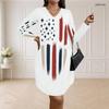 Women Plus Size V Neck Long Sleeve American Flag Printed Loose Curved Hem Dress