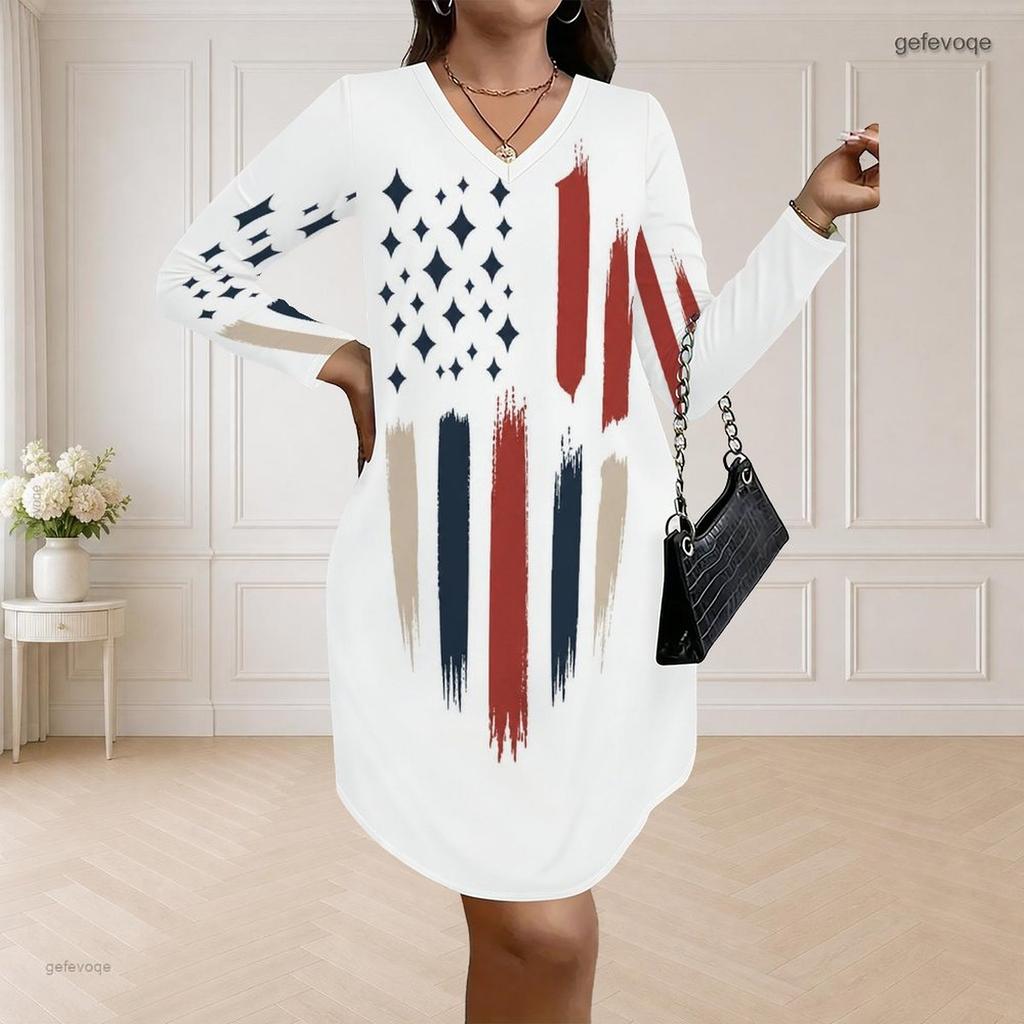 Women Plus Size V Neck Long Sleeve American Flag Printed Loose Curved Hem Dress
