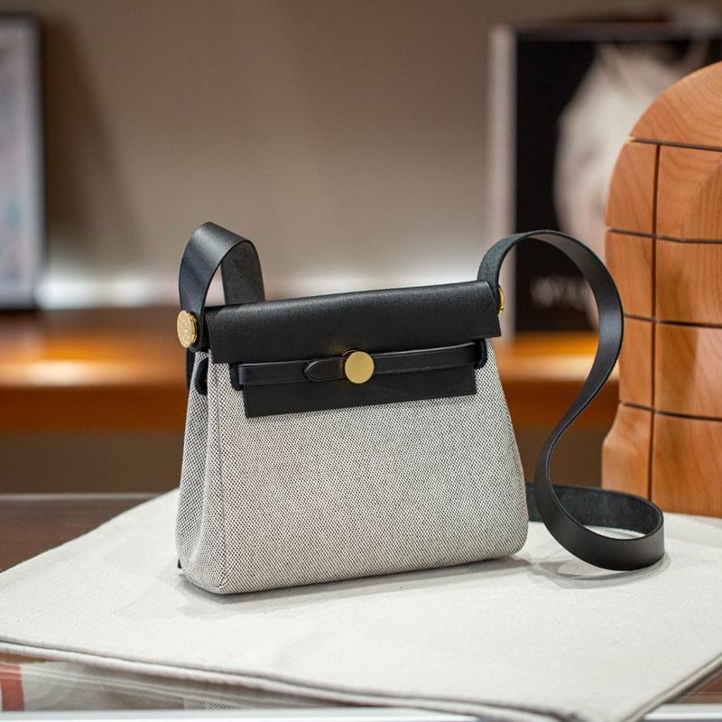 2026 New 20cm Cowhide With Canvas Leather Bag Mini Shoulder Crossbody Fabric Cross-border