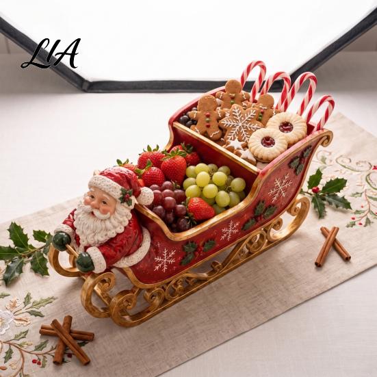 Vintage Style Sleigh Santa Christmas Table Centerpiece, Multi?Compartment Candy Fruit Serving Bowl, Decorative Resin Festive Tabletop Storage