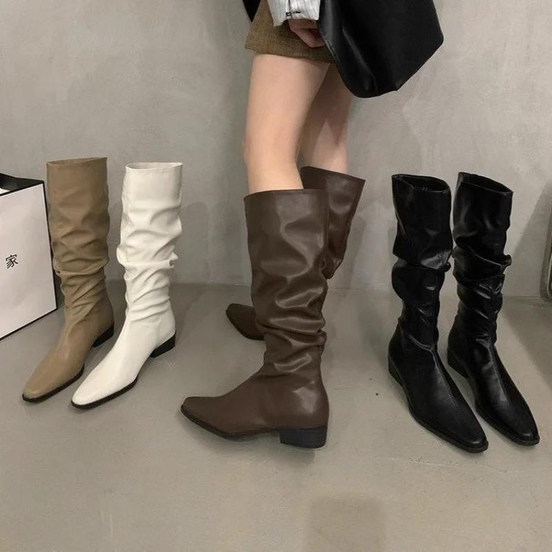 Autumn New Coarse Heel Folded Stacked Middle Leg Fashion Boots for Women with Square Heads and Low Heels