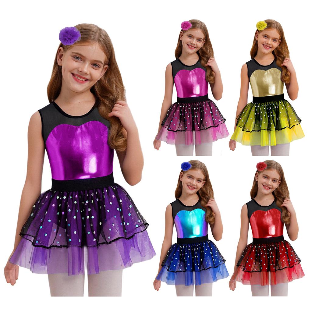 Girls Sleeveless Sheer Mesh Patchwork Metallic Bodice Tulle Tutu Dance Dress