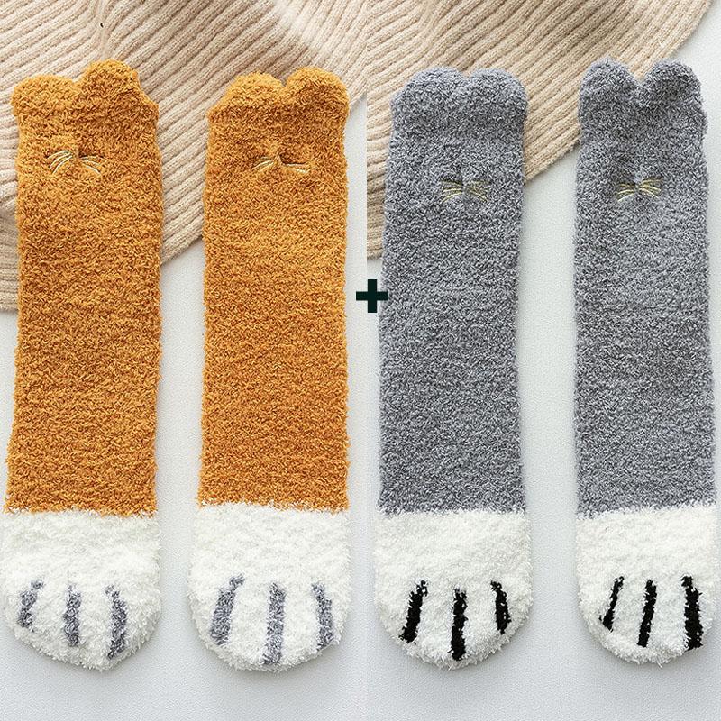 2 пары/лот флисовые тапочки коралловые осенне-зимние носки милые женские носки с принтом кошачьих лапок и животных