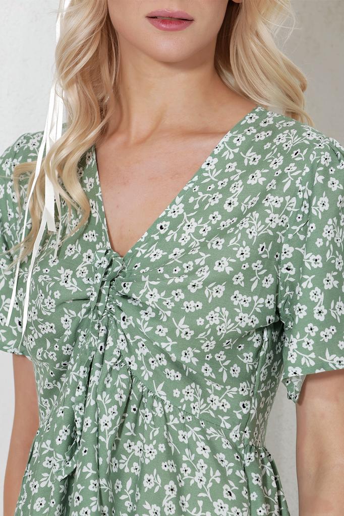 Женское платье, новый сезон, модная синяя юбка с v-образным вырезом и цветочным узором, тканое платье с воланами