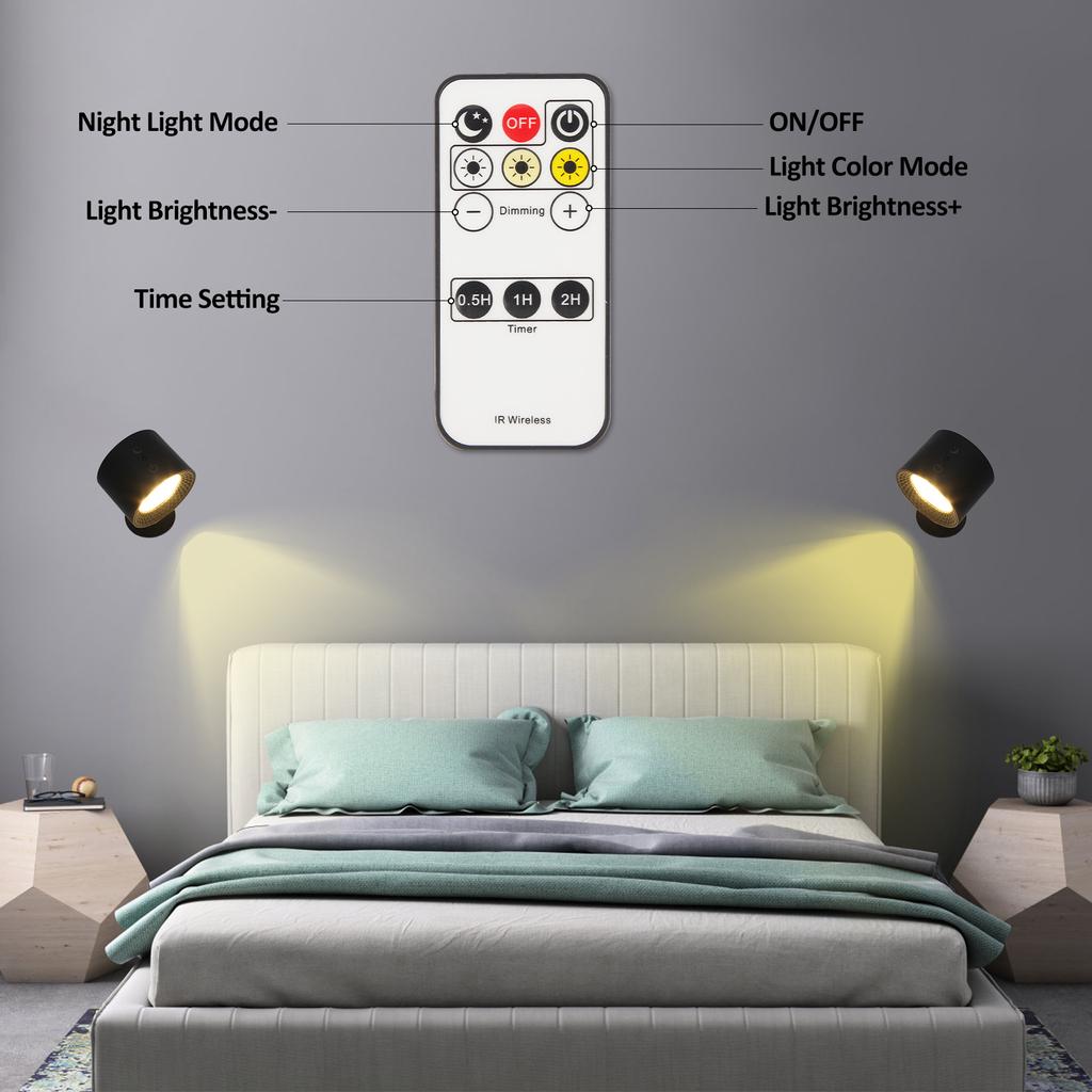 3 Colors Magnetic LED Wall Light Rechargeable Reading Lights 360° Rotation Touch Remote Control Cabinet Spotlight Night Lamp