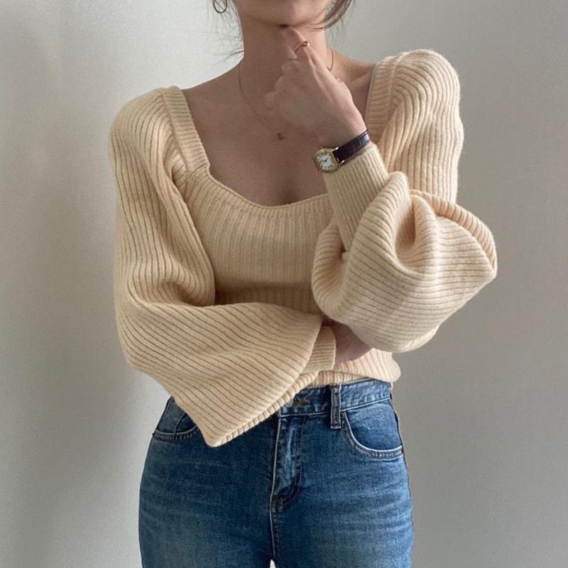 Thickened Square Neck Puff Sleeve Knit Top - Women's Slimming Waist Autumn/Winter Sweater