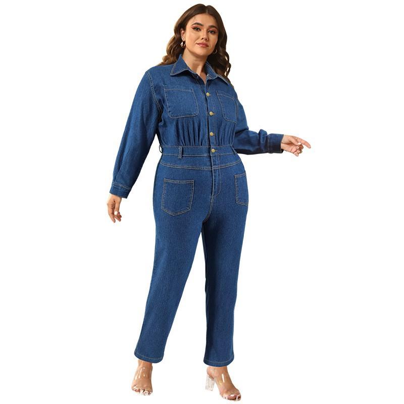 Womens Plus Size Denim Jumpsuit Long Sleeve Collarless Straight Leg Overalls 2025 Soft Sweet Style XL To 5XL