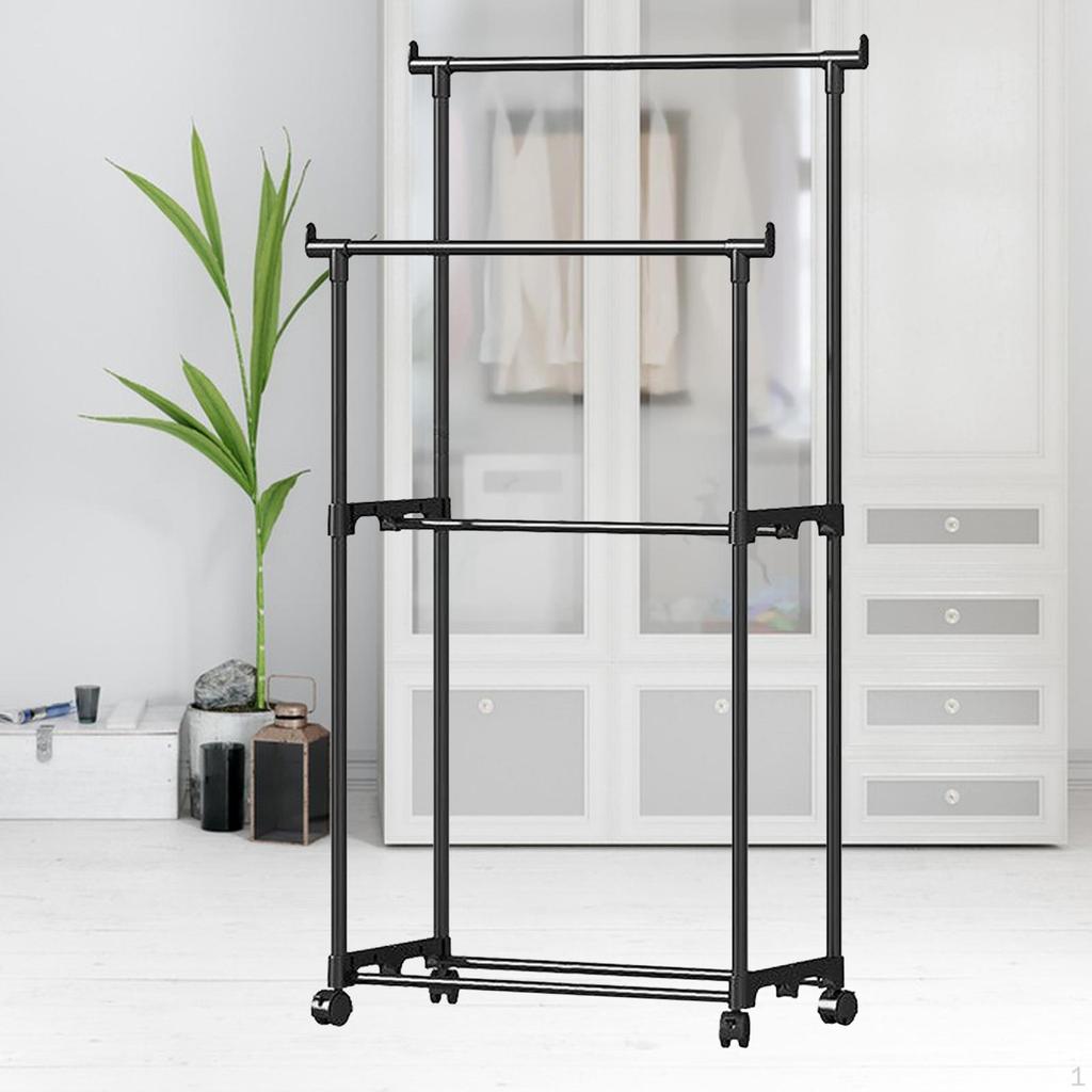 Double Rod Clothing Rack Bedroom Clothes Storage Movable Wheel Organizer for