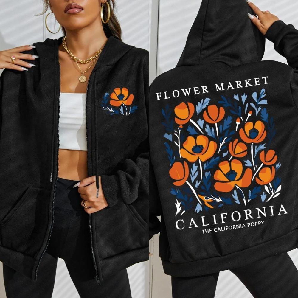 Рынок Желтых Цветов Калифорния Принты Женская Толстовка на Молнии Модная Свободная Толстовка Мягкая Повседневная Спортивная Одежда Осенняя Одежда