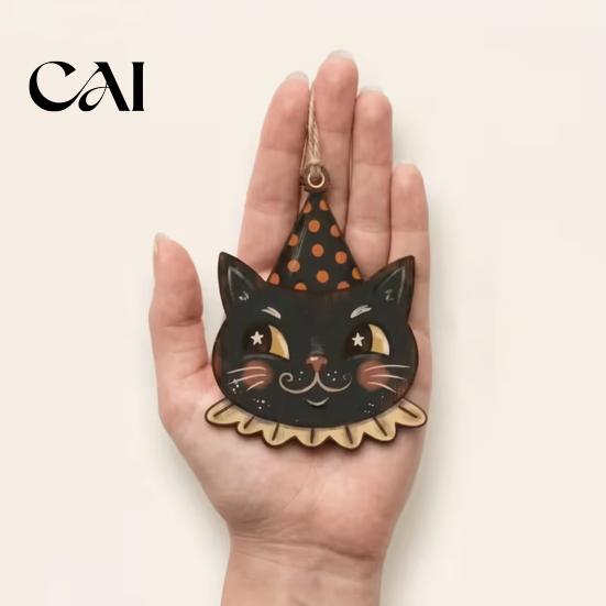 Retro Cartoon Halloween Hanging Tags 6 Pcs Vintage Wooden Ornaments, Rustic Farmhouse Cat Owl Pumpkin Skeleton Black Decor Ghost Decorations for Tree