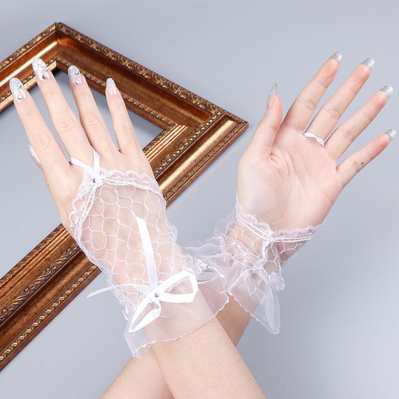 Женские короткие перчатки для вечерней вечеринки с бантом и лентой, однотонные, дизайн полуладони, модные аксессуары, кружевная сетка, для маскарада, 1 пара
