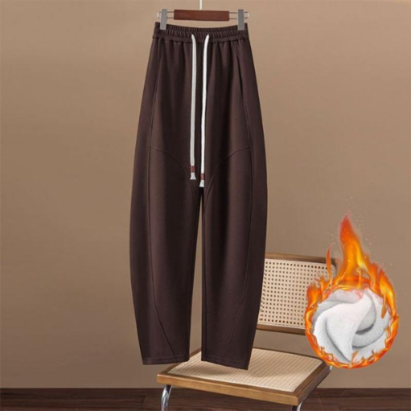 Женские осенне-зимние брюки нового стиля на флисовой подкладке, свободные, с высокой посадкой, типа «бананы», модные, повседневные, на кулиске, с эластичной талией, гаремные