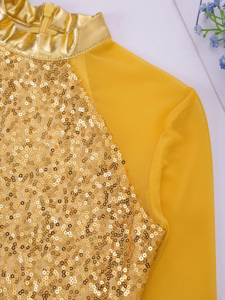 Детское цельное танцевальное трико для девочек со сверкающими металлическими блестками и длинными рукавами, гимнастическое боди