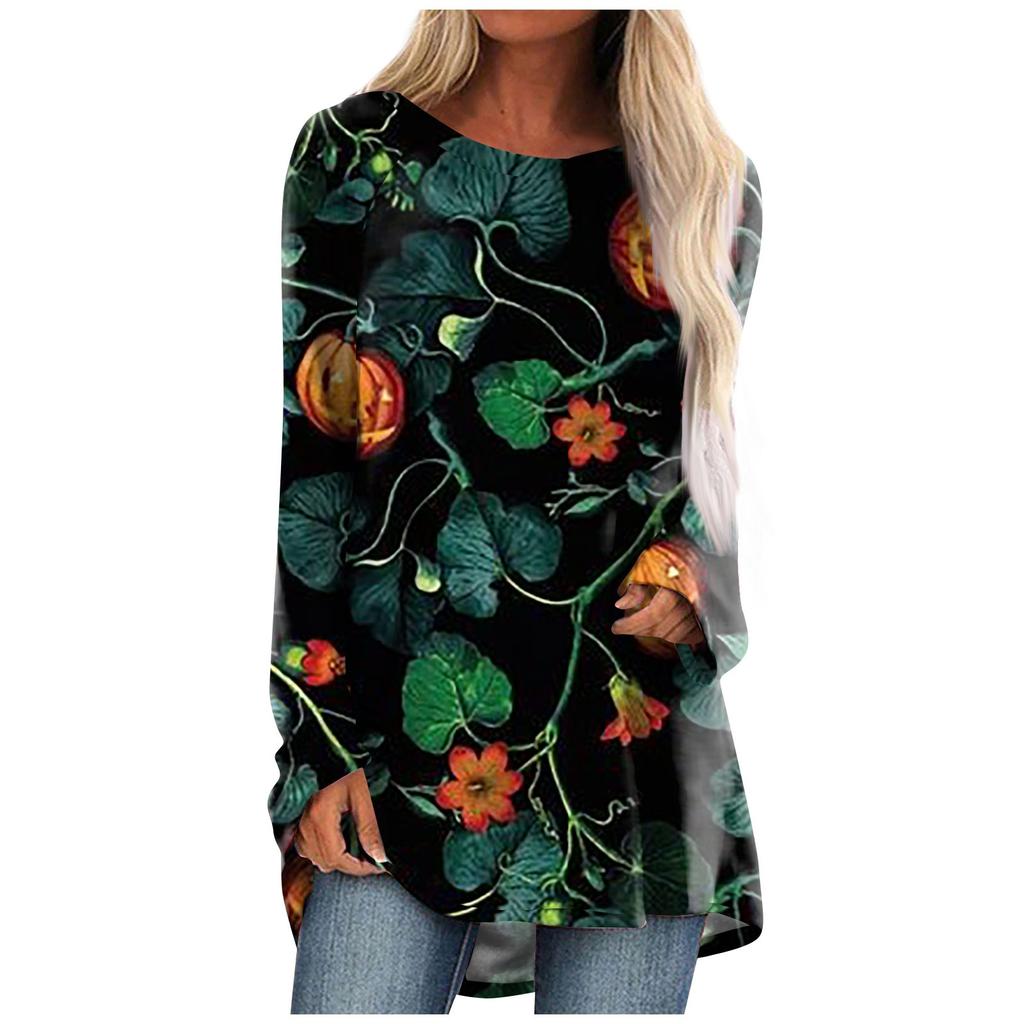 Women's Fashion Casual Long Sleeve Halloween Print Round Neck Pullover Top Blouse