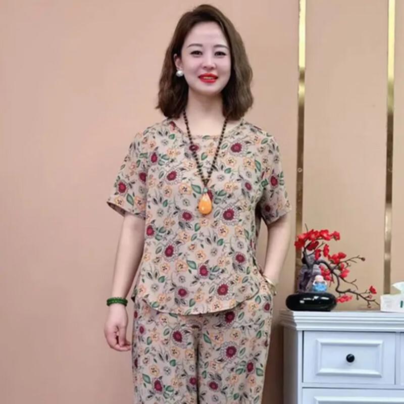 YUZHAOLIN Женский летний комплект из двух предметов с цветочным принтом и короткими рукавами для женщин среднего возраста
