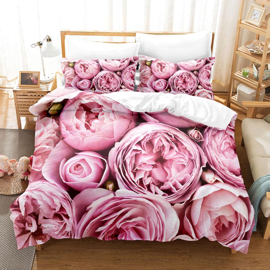 Pink Flower Duvet Cover and Pillowcases Set King Size 220x240 Double Bed Single 3D Queen Bedding Sets Pink Full Twin Quilt Linen