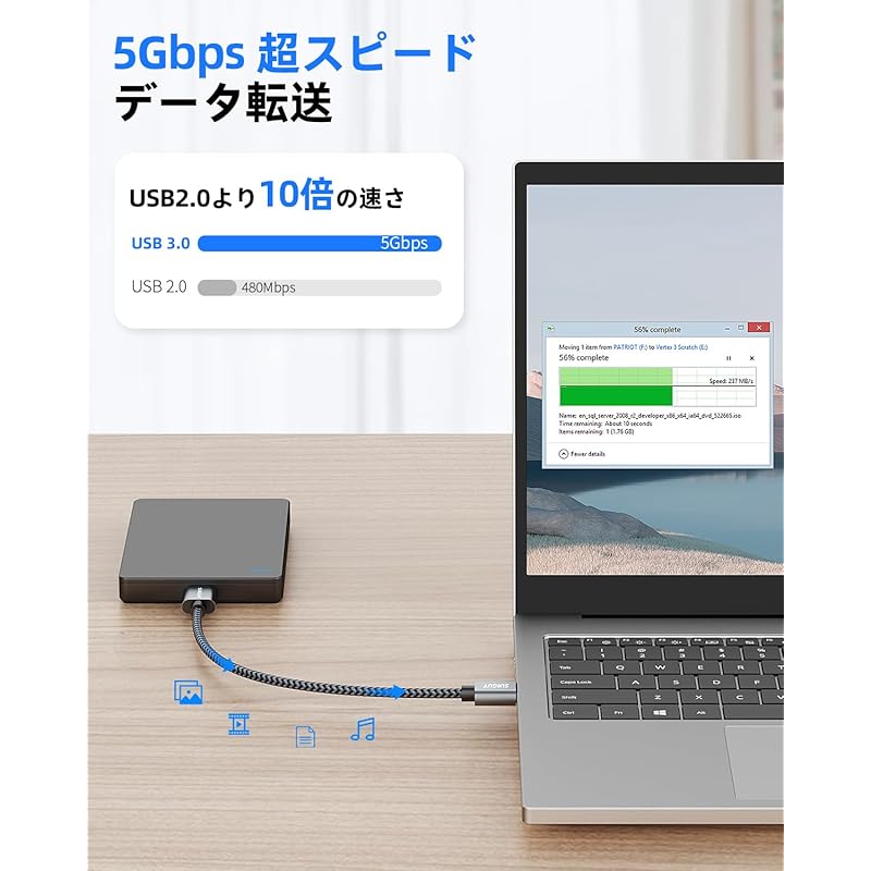 SUNGUY USB3.0 Cable MicroB 0.15M Type A Male - Micro Type B Male USB Cable Short External HDD/SSD Supports Hard drives/HD Cameras, Etc. Micro B