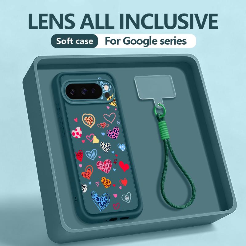Чехол с красочным принтом в виде сердечек для Google Pixel 10 8 7 Pro 9A 8A Pixel 9 10 Pro XL с ремешком на запястье и шнурком, мягкий TPU.