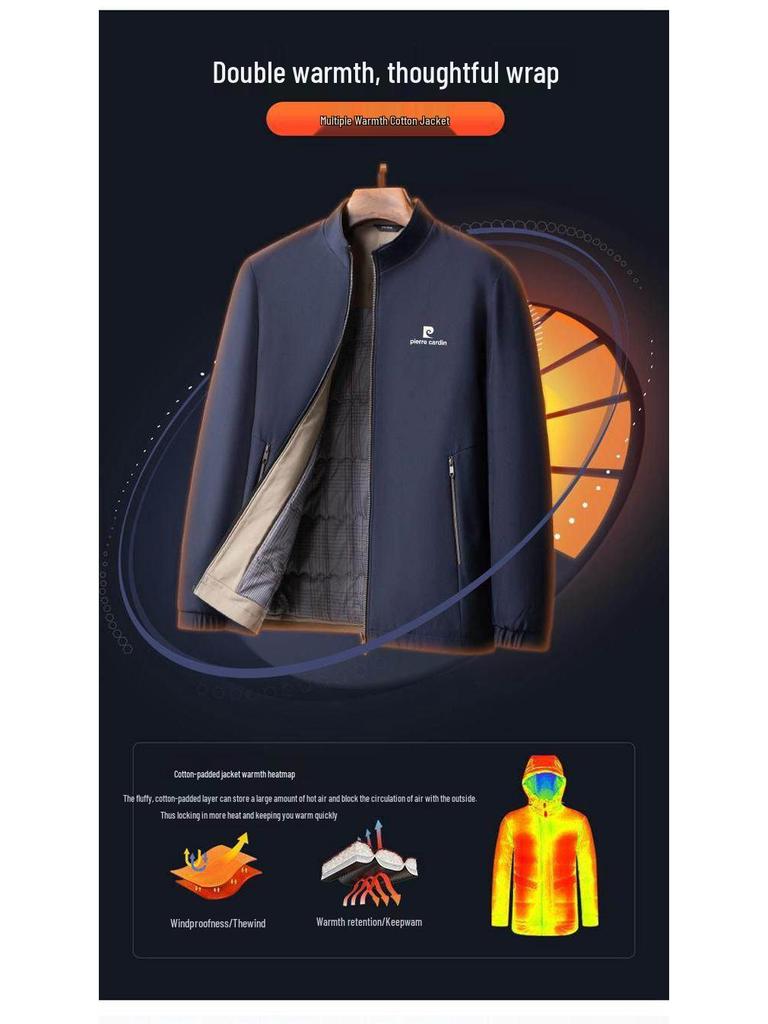 Pierre Cardin Men's Stand-Up Collar Cotton Jacket, Dad Style, Thickened for Autumn/Winter 2025.
