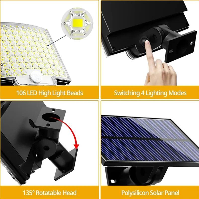 106LED Solar Light Outdoor Waterproof with Motion Sensor Floodlight Remote Control 3 Modes for Patio Garage Backyard