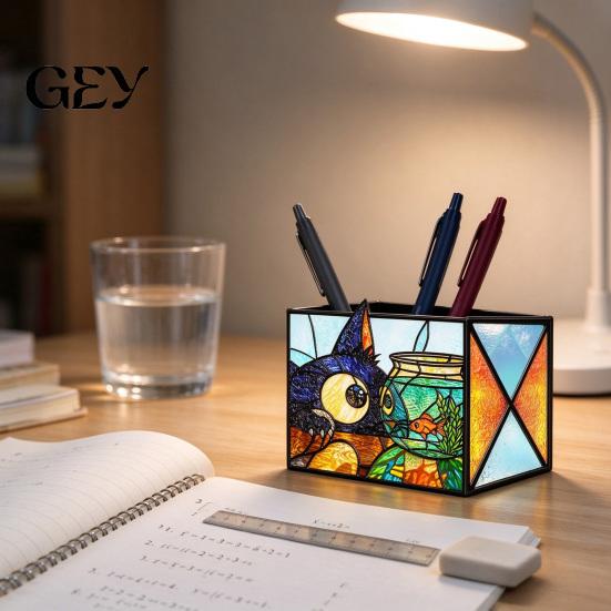 Corgi Relief Storage Container Stained Glass Style Pen Holder, Unique Acrylic Desktop Organizer, 3D Home Office Desk Supplies Embossed Pattern Planter