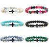 8MM Bright Frosted Stone Cross Bracelet Muticolor Beads Bangle for Women Men Fashion Pray Bracelets Jewelry Elastic Rope