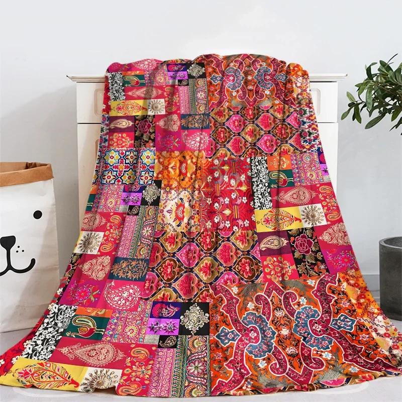 Geometric Ethnic Boho Pattern Flannel Throw Blanket Soft Warm for Home Sofa Decor Kids Adults Camping Blanket King Queen Size