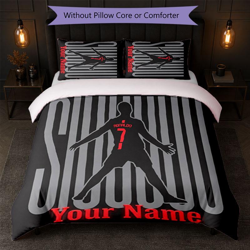 Cristiano Ronaldo Custom Name Text Bedding Set 1 Duvet Cover+2 Pillowcases Soccer Logo Personalized Gift For Special Occasion Bedroom Decor