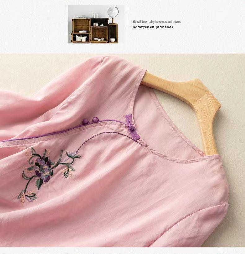 Women's 2024 Summer Cotton Linen Retro Embroidered Blouse with Frog Button and Diagonal Placket
